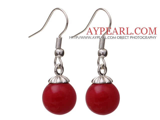 Lovely 10mm Round Red Seashell Beads Drop Earrings With Fish Hook