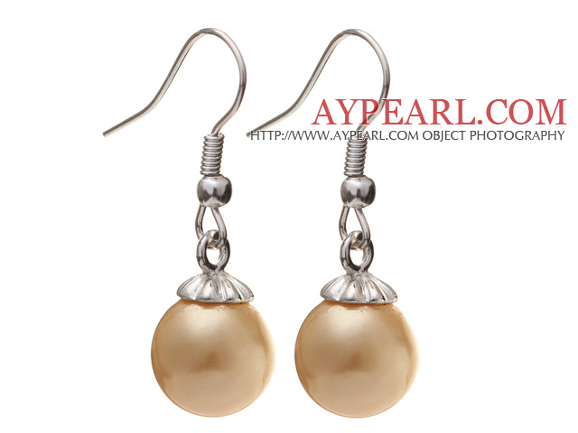 Lovely 10mm Round Champagne Color Seashell Beads Drop Earrings With Fish Hook