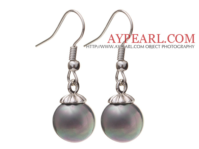 Lovely 10mm Round Gray Seashell Beads Drop Earrings With Fish Hook