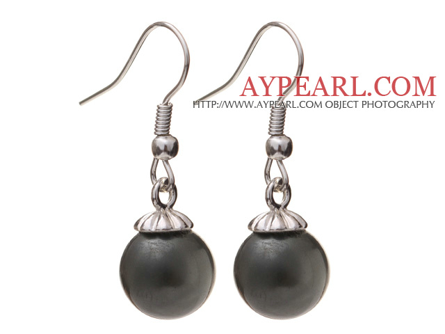 Belle ronde 10mm noir coquillage perles Boucles d'oreilles avec Hameçon