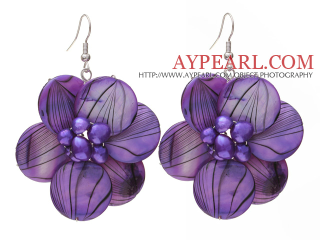 Nice Round Disc Shape Purple Banded Shell And Purple Freshwater Pearl Flower Earrings