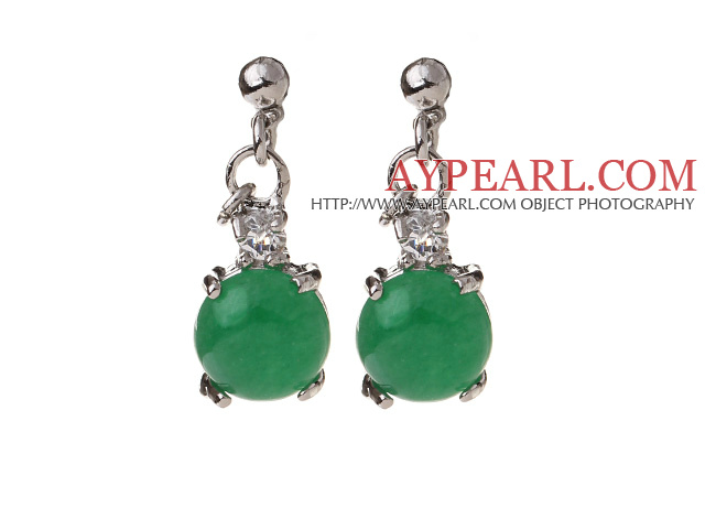 Lovely 8mm Half Round Inlaid Green Malaysian Jade Drop Studs Earrings