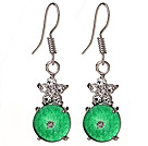 Lovely 8mm Round Disc Shape Zircon Inlaid Green Malaysian Jade Earrings With Fish Hook