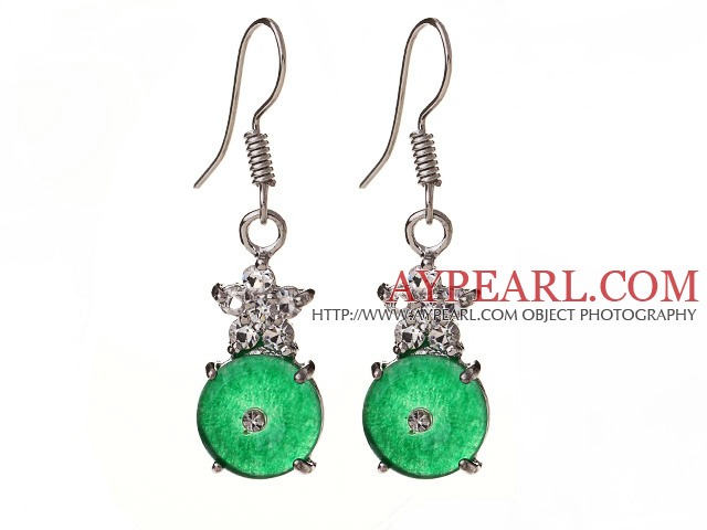 Lovely 8mm Round Disc Shape Zircon Inlaid Green Malaysian Jade Earrings With Fish Hook