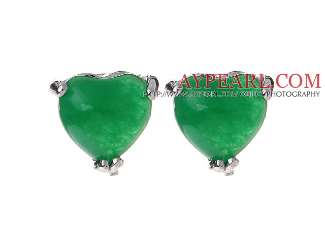 Lovely 8Mm Heart Shape Inlaid Green Malaysian Jade Studs Earrings