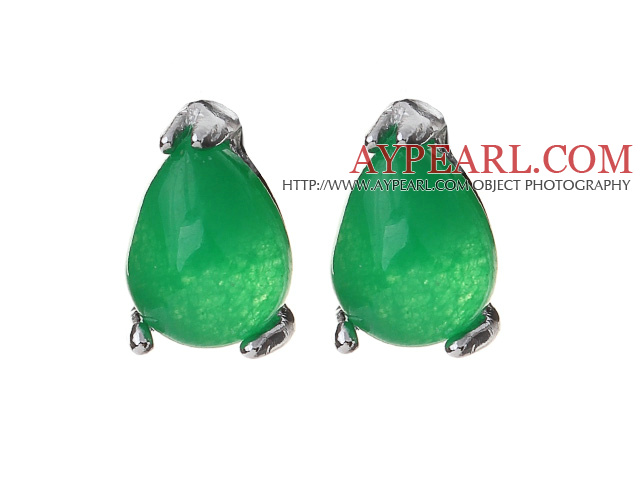 Lovely 8mm Tear Drop Shape Inlaid Green Malaysian Jade Studs Earrings