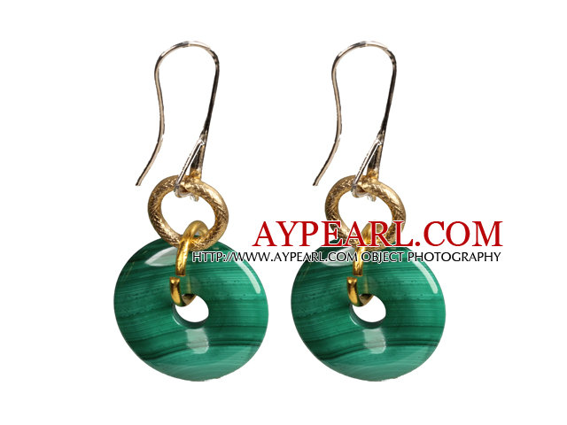 Beautiful Ethnic Style Donut Shape Natural Green Peacock Stone Earrings with Golden Loop Charm