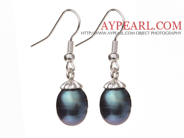 Beau naturel 10 - 11mm noir perle d'eau douce et de couleur argent Boucles d'oreilles Charme Avec Hameçon