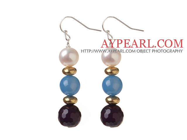 Boucles d'oreilles ronde blanc naturel perle d'eau douce et ronde , Bleu, Violet balancent belles