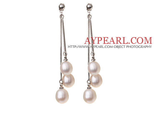 Lovely 8-9mm Natural Oval Shape White Freshwater Pearl Dangle Studs Earrings