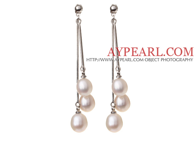 Belle 8 -9mm ovale naturel forme blanche perle d'eau douce Boucles d'oreilles Puces balancent