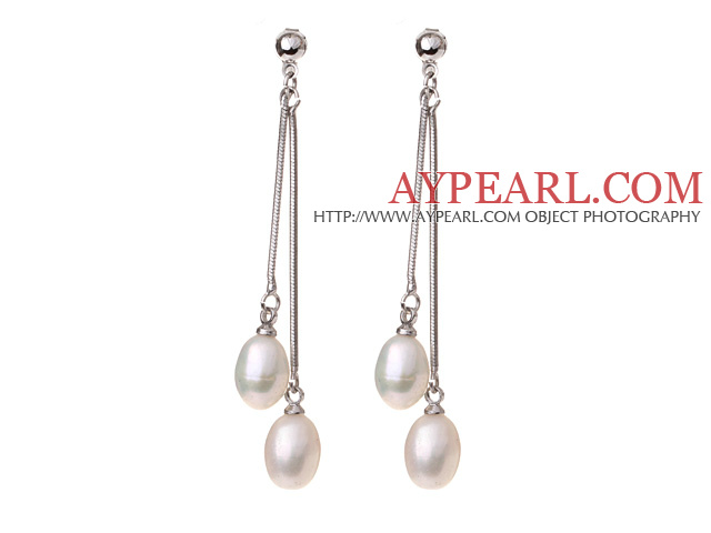 Belle 8 -9mm ovale naturel forme blanche perle d'eau douce Boucles d'oreilles Puces balancent