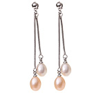 Lovely 8-9mm Natural Oval Shape White And Pink Freshwater Pearl Dangle Studs Earrings