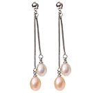 Belle 8 -9mm ovale naturel forme blanche et rose perle d'eau douce Boucles d'oreilles balancent Studs