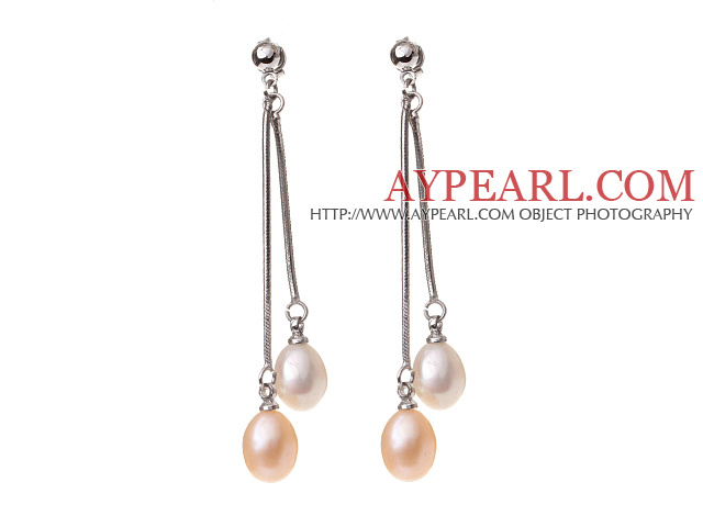 Lovely 8-9mm Natural Oval Shape White And Pink Freshwater Pearl Dangle Studs Earrings