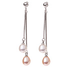 Lovely 8 - 9mm naturliga Drop Shape Vit och rosa sötvattenspärla Dangle Studs Örhängen