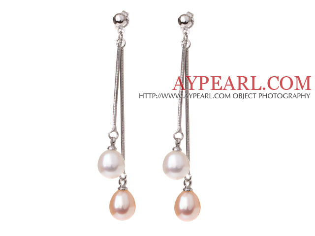 Nydelig 8 - 9mm Natural Drop Shape hvit og rosa ferskvannsperle Dangle Studs øredobber