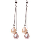 Lovely 8-9mm Natural Drop Shape Pink And Purple Freshwater Pearl Dangle Studs Earrings