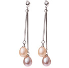 Belle forme de goutte naturel 8 -9mm rose et le pourpre perle d'eau douce Boucles d'oreilles balancent Studs