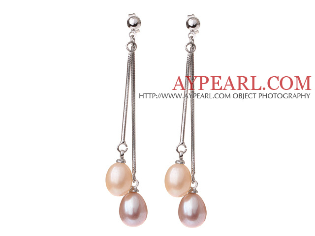 Lovely 8-9mm Natural Drop Shape Pink And Purple Freshwater Pearl Dangle Studs Earrings