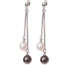 Lovely 8-9mm Natural Drop Shape White And Black Freshwater Pearl Dangle Studs Earrings