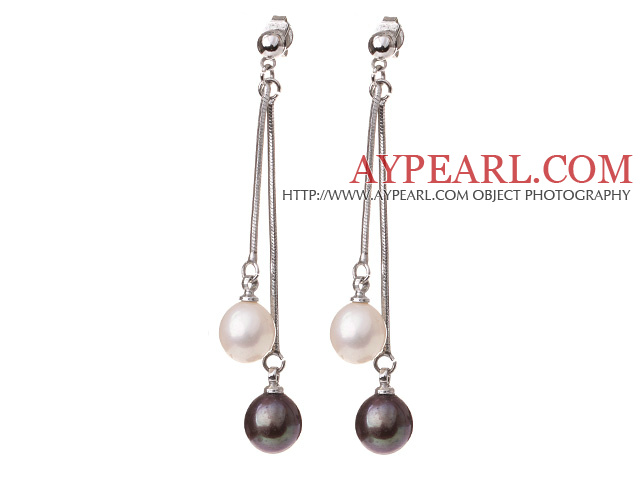 Lovely 8-9mm Natural Drop Shape White And Black Freshwater Pearl Dangle Studs Earrings