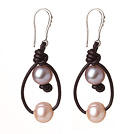 Lovely Style Simple Design Natural Freshwater Pearl Lether Earrings with Fish Hook