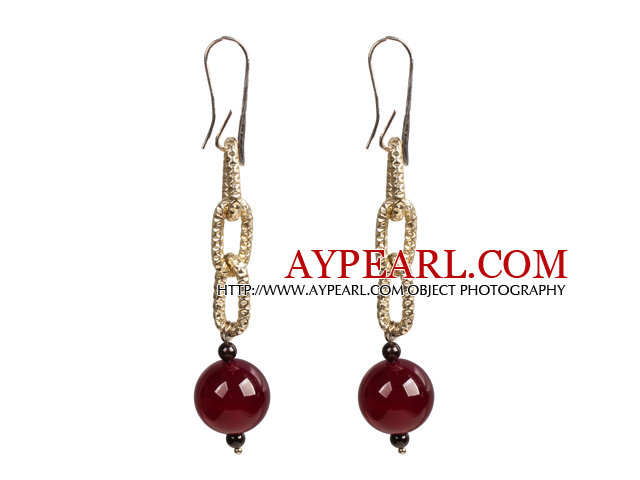 Beau style long Garnet Red Rose Agate Perles Boucles d'oreilles d'or avec boucle Charm