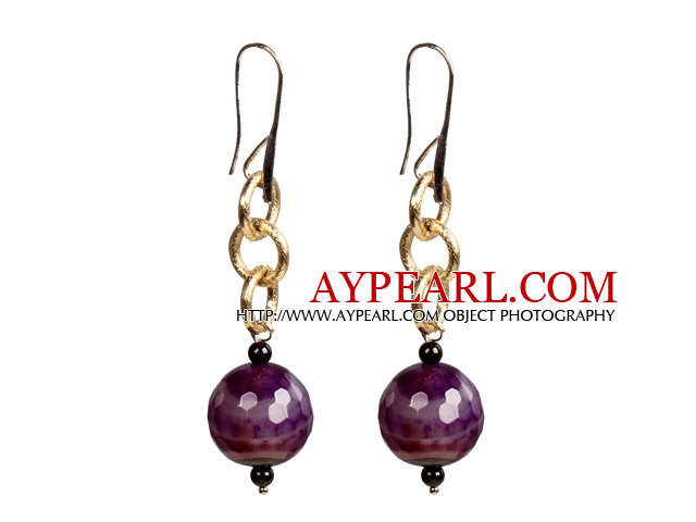 Belle style de longue grenat pourpre Agate Perles Boucles d'oreilles d'or avec boucle Charm