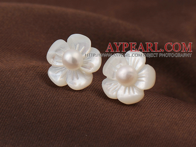 Cute Plum Flower Shape Shell and White Pearl 925 Sterling Silver Studs Earrings