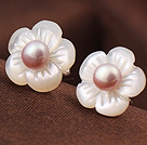 Cute Plum Flower Shape Shell and Pik Pearl 925 Sterling Silver Studs Earrings