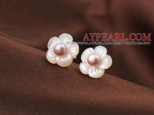 Cute Plum Flower Shape Shell og Pik Pearl 925 Sterling Silver Studs øredobber