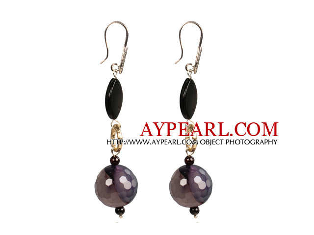 Chic Long Style Black Lip Shell Purple Agate Garnet Beads Dangle Earrings