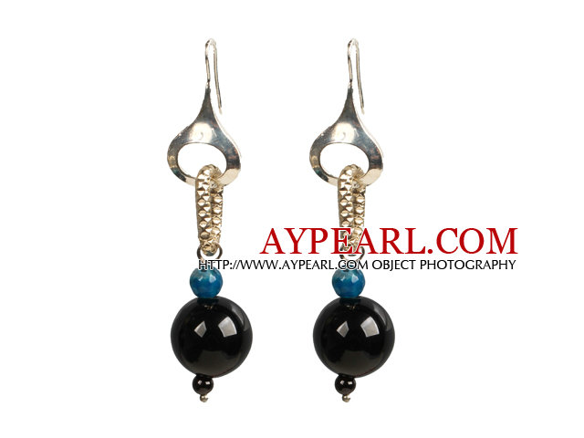 Trendy Style Blue & Black Agate Beads Dangle Earrings with Golden Loop Charm