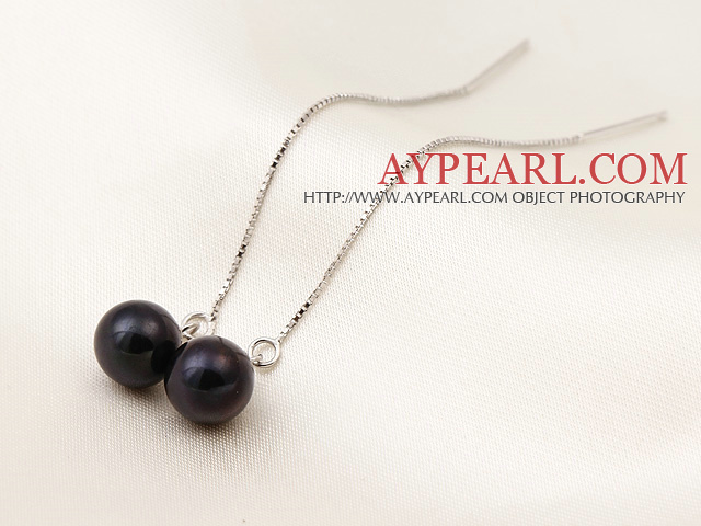 L'arrivée de nouveaux style long AAA grade Black Pearl Argent 925 Oreille ligne de bijoux