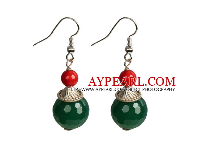 Simple Design Red Coral Green Agate Beads Dangle Earrings