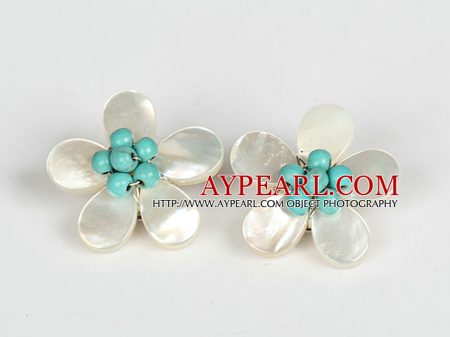 Elegant Style Turquoise and White Shell Flower Clip Earrings