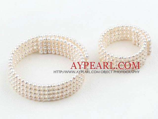 6-6.5mm vier Stränge Weiße Süßwasser-Perle Braut-Set (Choker Halskette und Armband Matched)