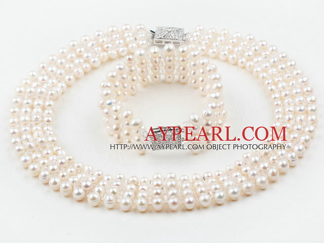 Four Strands White Freshwater Pearl Crystal Wedding / Bridal Sets