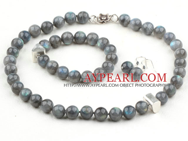 12mm Round Flash Stone med Rainbow Eye Set og 925 sølv tilbehør (halskjede armbånd og matchede øredobber)