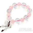 Natural Rose Quartz and Clear Crystal Stretch Bracelet with Thailand Silver Lotus Accessory