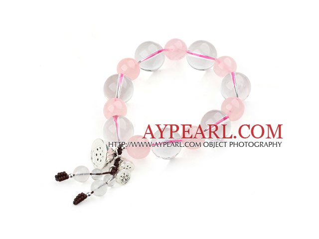 Natural Rose Quartz and Clear Crystal Stretch Bracelet with Thailand Silver Lotus Accessory