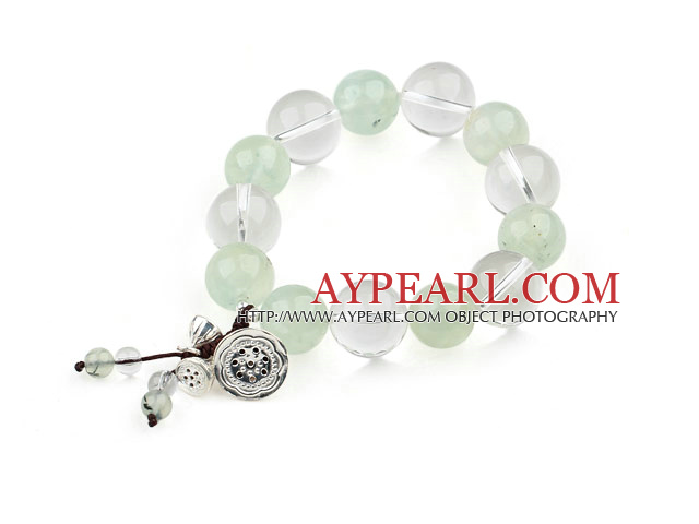 Clear Crystal and Prehnite Stretch Bracelet with 925 Sterling Silver Lotus Accessory