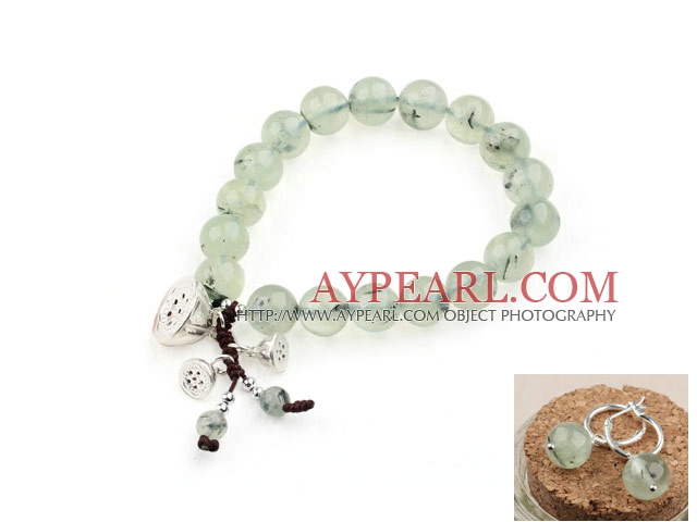 Prehnite Stretch Bracelet with Thailand Silver Lotus Accessory and Matched Metal Earrings