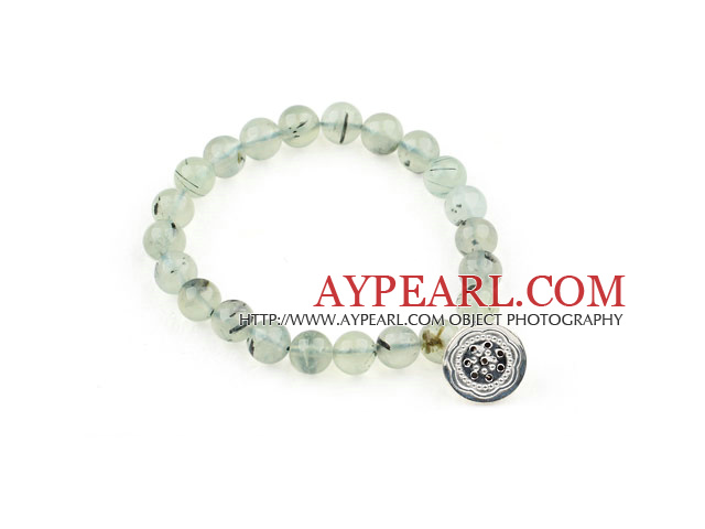 8mm Natural Prehnite Stretch Bracelet with Thailand Silver Lotus Accessory