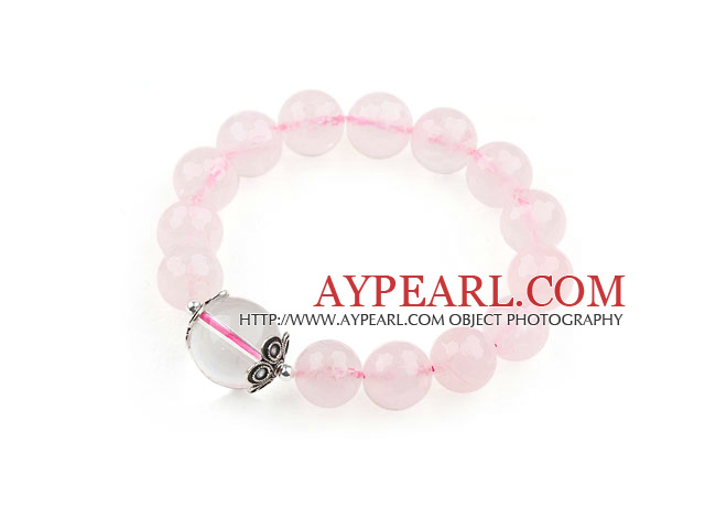 12mm Round Natural Rose Quartz and Clear Crystal Stretch Bracelet with Sterling Silver Accessory