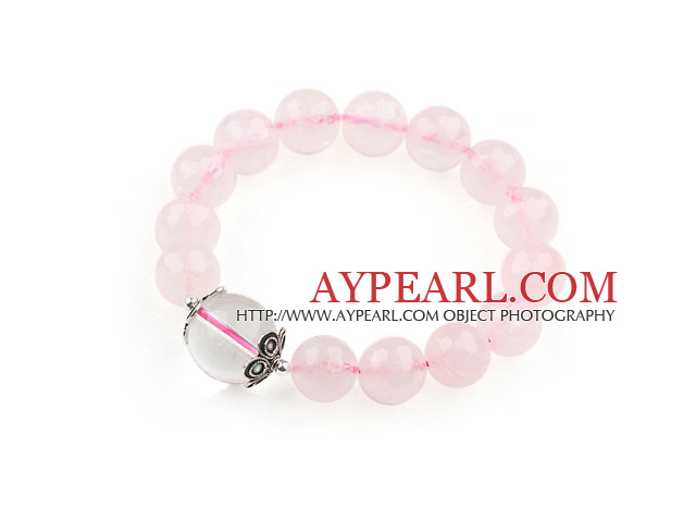 12mm Round Natural Rose Quartz og Clear Crystal Stretch armbånd med Sterling Silver Accessory