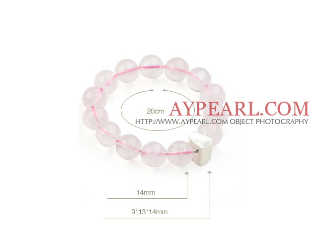 14mm Round Natural Rose Quartz Stretch Bracelet with Triangle Shape Thailand Silver Accessory