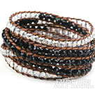 Long Style 4mm Black and Clear Crystal Wrap Bangle Bracelet with Brown Thread and Shell Clasp