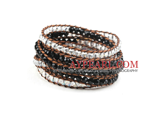 Long Style 4mm Black and Clear Crystal Wrap Bangle Bracelet with Brown Thread and Shell Clasp
